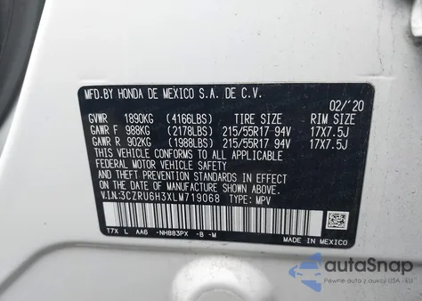 2020 Honda Hr-V Awd Lx z USA, uszkodzony, nr VIN 3CZRU6H3XLM719068